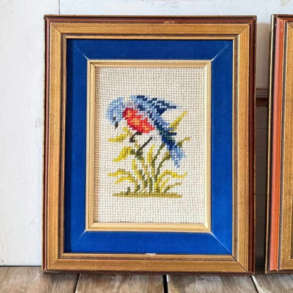 Vintage Bird & Grapes Needlepoint Framed Artwork, Set of 3, Wood Frames - Picture 3 of 7